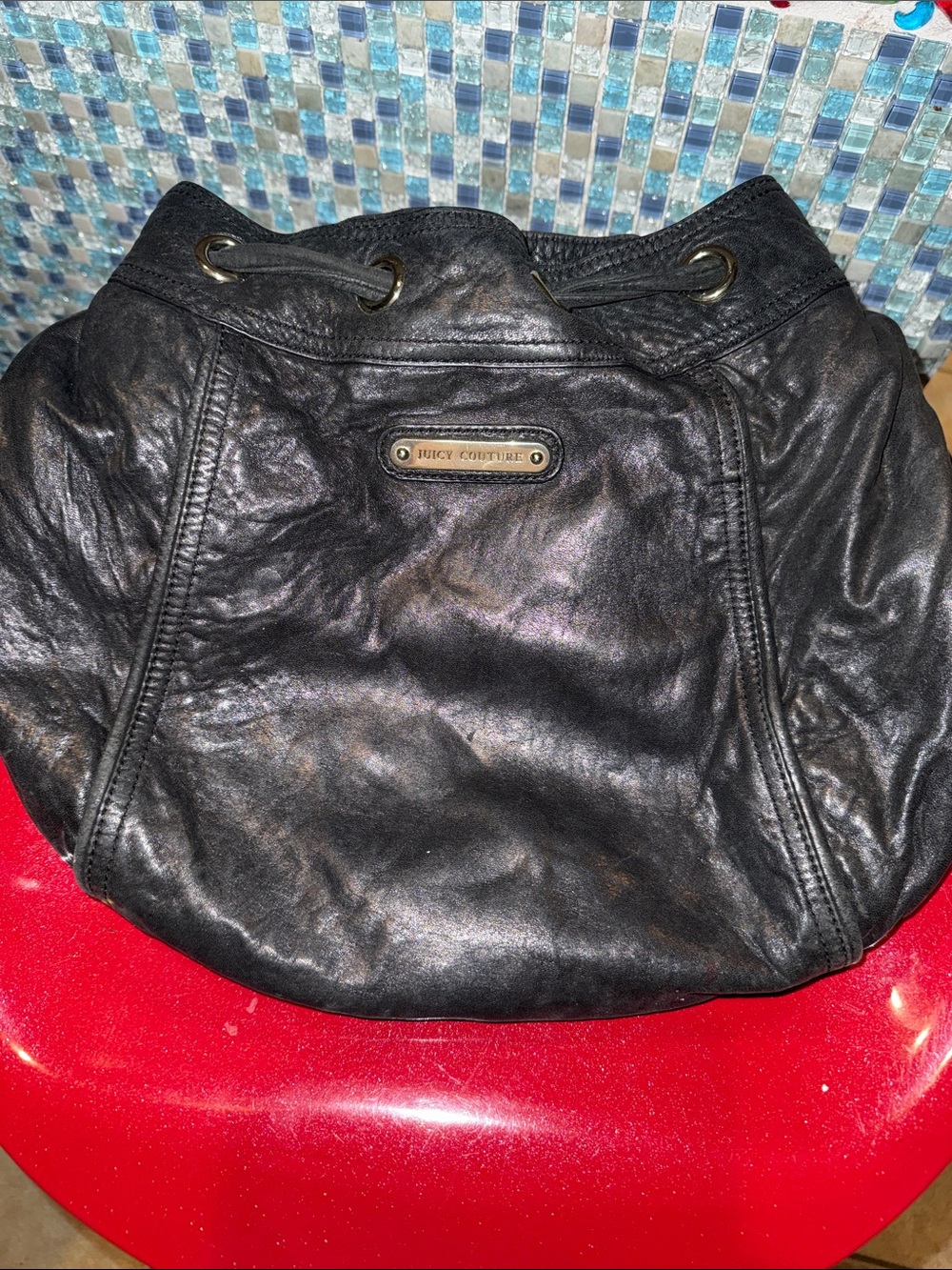 Vintage Juicy Couture Black Leather Drawstring Hobo
